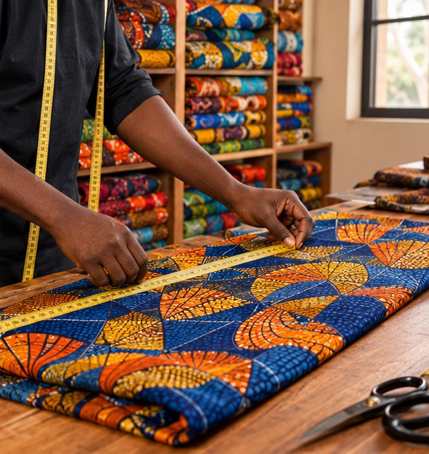 Rolls of Ankara wax print fabric in a Lagos tailoring room
