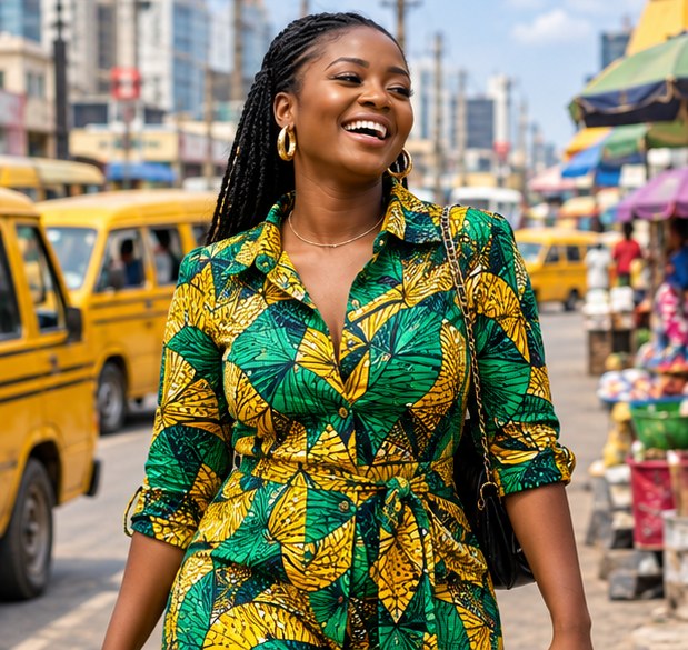 Nigerian woman laughing in an Ankara shirt dress on a Lagos street