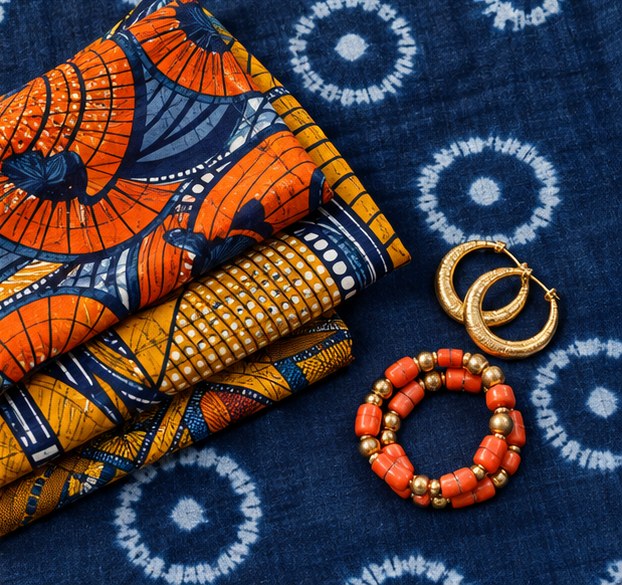 Ankara headwraps and gold jewellery laid out on indigo adire cloth