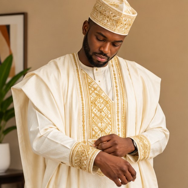 Nigerian man adjusting the cuff of an embroidered agbada