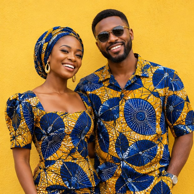 Two Nigerian friends in coordinated Ankara outfits against a yellow wall