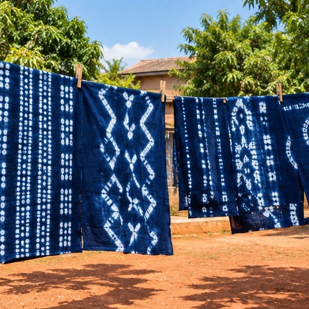 Hand-dyed adire indigo cloth drying on a line in bright sun