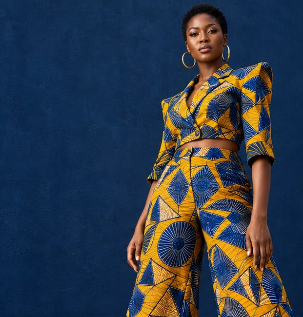 Nigerian model in a bold Ankara-inspired outfit posed against an indigo wall