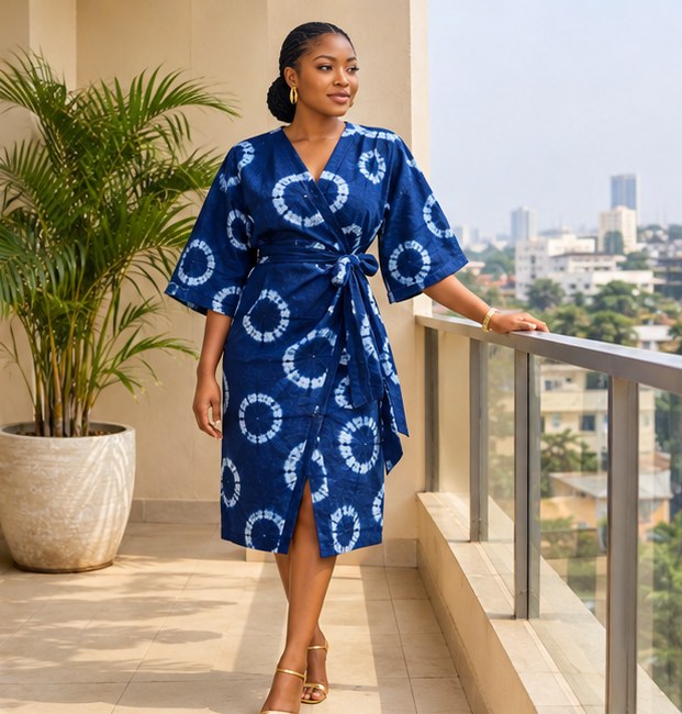 Nigerian model wearing an indigo adire wrap dress
