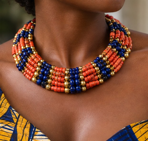 Close-up of a coral and gold beaded collar necklace on a Nigerian model