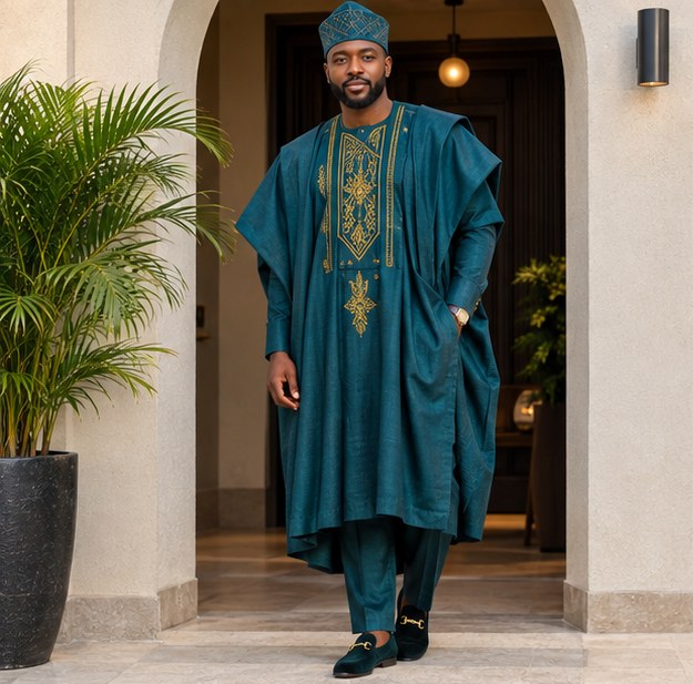 Nigerian model wearing an embroidered agbada set