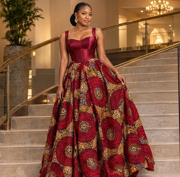 Nigerian model wearing a corset-bodice maxi gown
