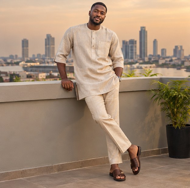 Nigerian model wearing a relaxed linen kaftan and trousers