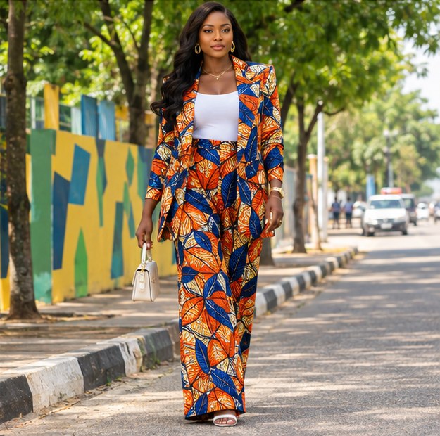 Nigerian model wearing an Ankara blazer and matching trousers