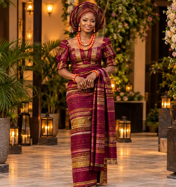 Nigerian model wearing an aso-oke wrapper, blouse and gele headtie